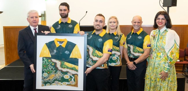 Sebastian Battista (second from left) at the unveiling of the 2024 Skillaroo uniform to be worn at WorldSkills with Commonwealth Minister for Skills and Training, The Hon Breanda O’Connor, other participants at the Empowering Skills Excellence event at Parliament House, Canberra.